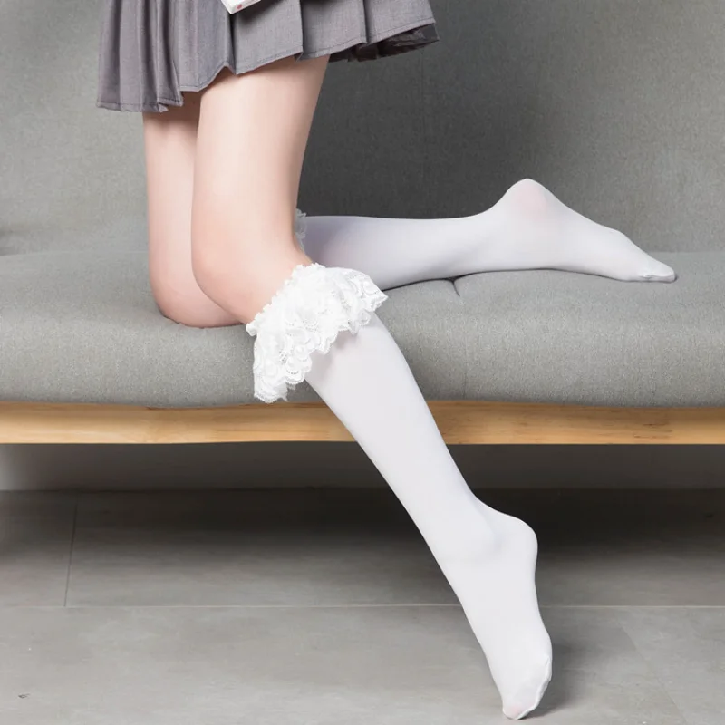 Women Ladies Lolita Socks Sexy Knee High Calf Socks Girls Lace Ruffle Over the Knee Stocking