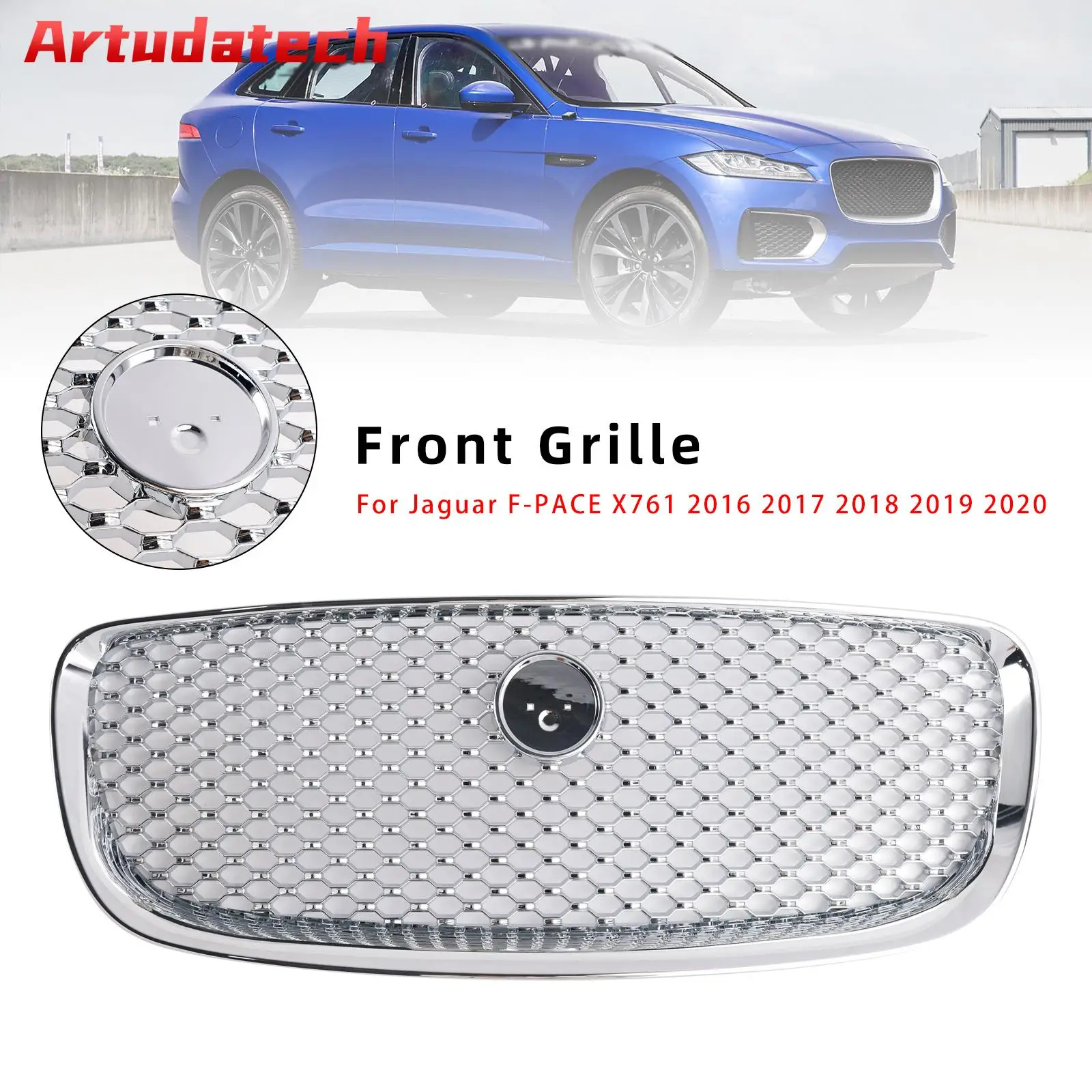 Artudatech Chrome Front Bumper Grill Grille Fit for JAGUAR F-PACE X761 2016-2020 Car Accessories 2017 2018 2019