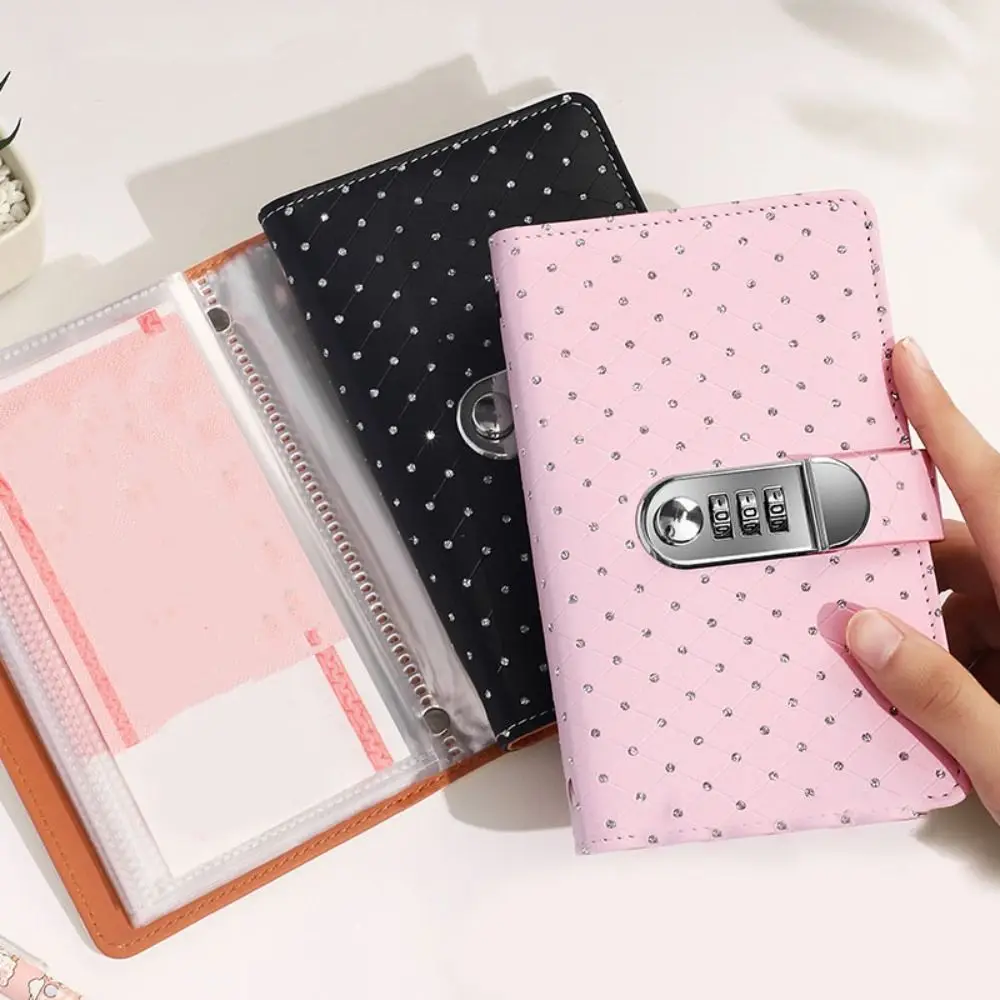 50Sheets Saving Money Binder PU Leather Savings Handbook Budget Binder with Lock Little Crystal Cover Cash Envelopes