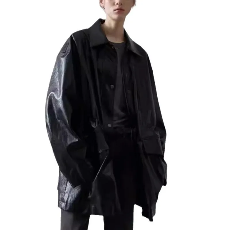 HKSH Frühling Herbst Neue Wome Jacke Faux Leder drehen-unten Kragen Einreiher Punk Streetwear Trendy Mid-Länge Mantel HK11368