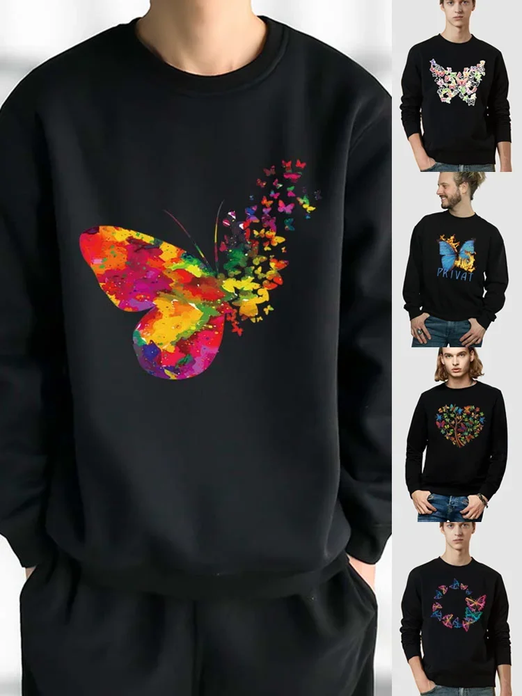 

Men's Fashion Butterfly Print Pullover Black Long Sleeve Sweatshirt Color Round Neck Casual Autumn Warm Commuter Comfortable Top