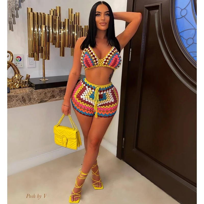 STILVOLLE DAME Kontrastfarbe Häkeln 2-teiliges Set Outfits Neckholder Crop Top und Shorts Anzüge 2025 Sommer Patchwork Sexy Strand-Sets