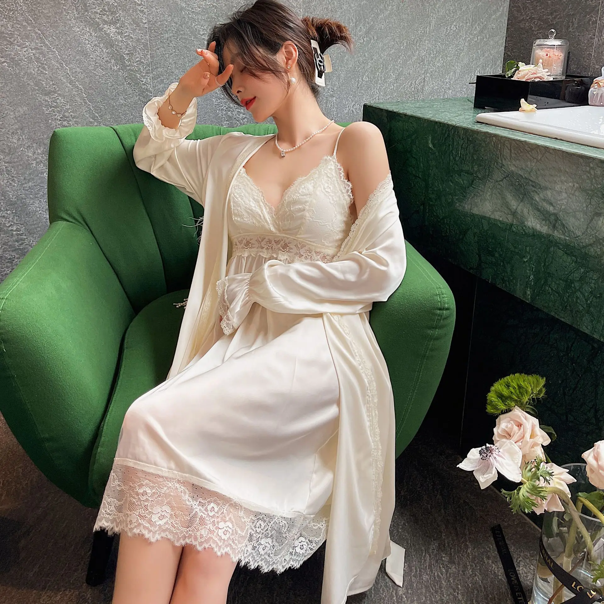 

New Sexy Female Twinset Robe Set Sleepwear Patchwork Lace Split Nightgown Kimono Bathrobe Casual Satin Home Wear Nightdress