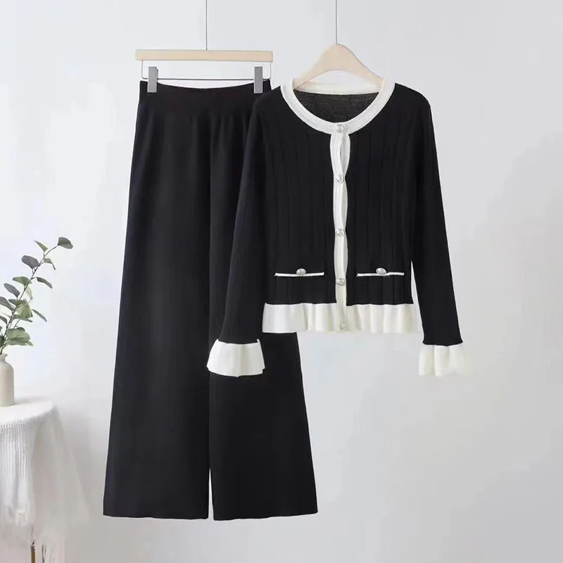 2024 New Casual Knitted Suit Simple O-Neck Long Sleeve Straight Cardigan+High Waist Wide Leg Pant 2 Pieces Set