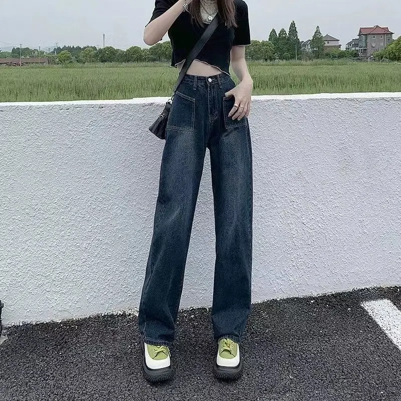 Jeans für Frauen hohe Taille neue Knopf Frühling Herbst weites Bein Jeans Mode lose gerade Vintage warme y2k Hose q264