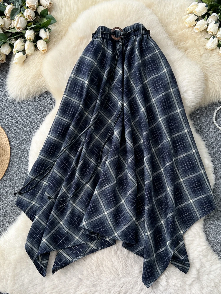 

Women's Blue Plaid Mid Long Skirt Vintage Asymmetrical Skirt Harajuku Aesthetic Y2k A-line Skirts 2000s Fashion Clothes Autumn