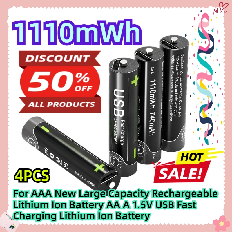 

For AAA New Large Capacity 1110mWh Rechargeable Lithium Ion Battery AA A 1.5V USB Fast Charging Lithium Ion Battery