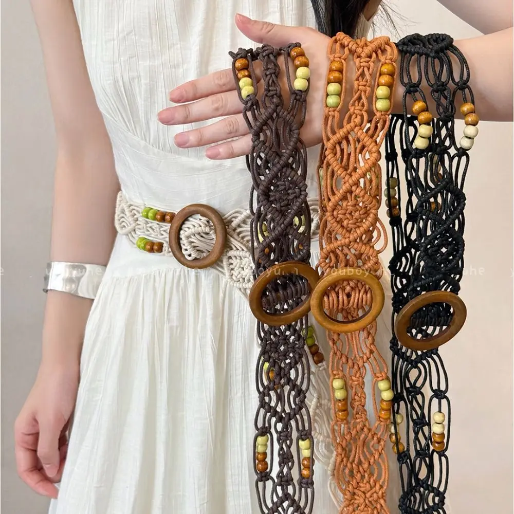 

Casual Woven Weave Belt Wax Rope Hollow Out Ethnic Style Waistband PU Leather Wide Bohemian Style Belt Jeans Decorative