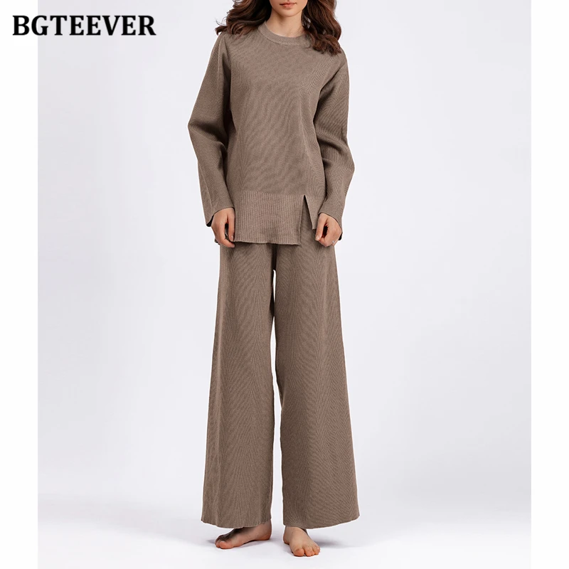 BGTEEVER Casual Loose Women Knitted Outfits O-neck Pullovers Sweaters & Wide Leg Pants Autumn Winter Ladies 2 Pieces Knitted Set