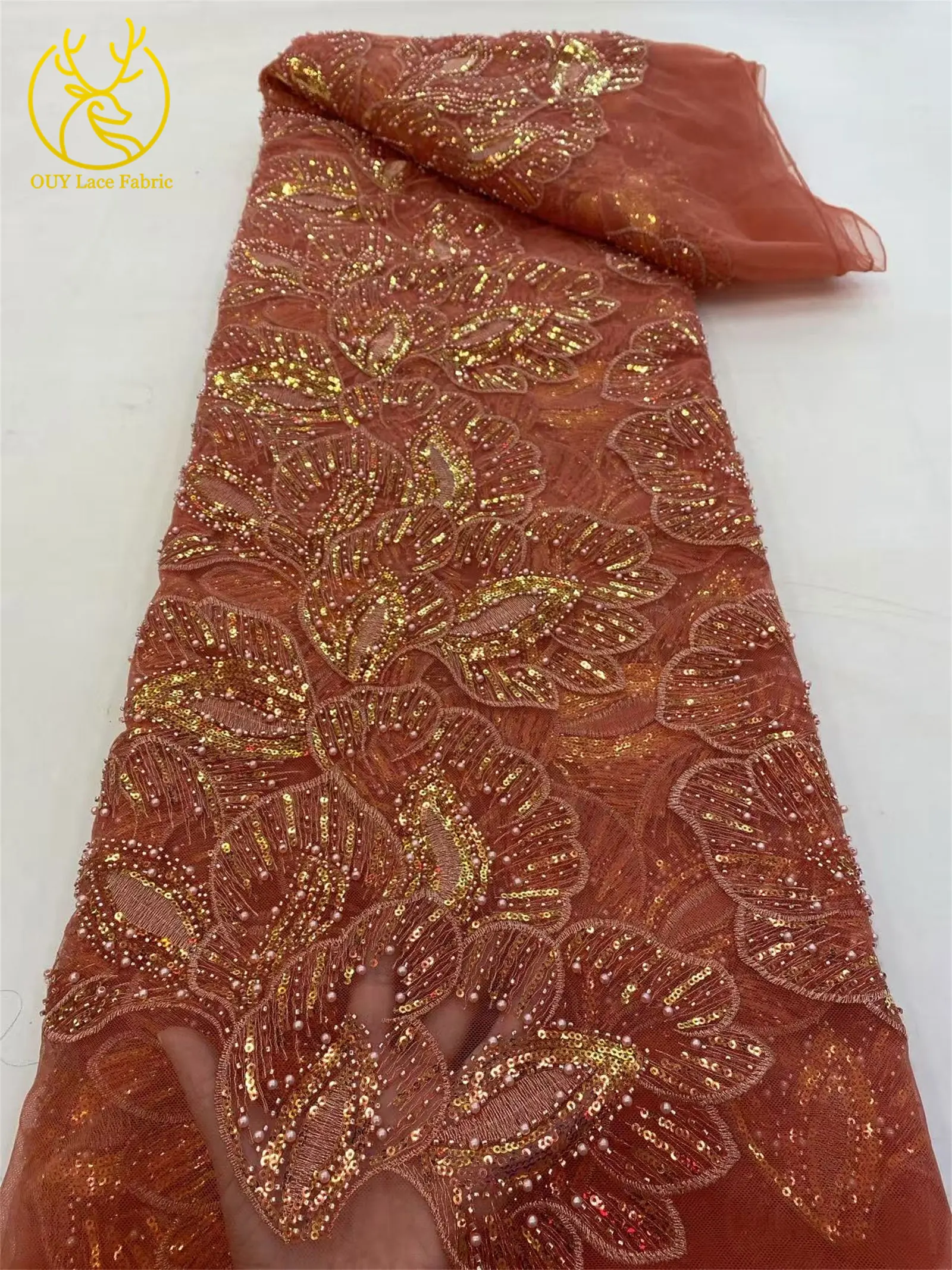 Eleganter afrikanischer Spitzenstoff mit Pailletten und Perlen, 5 Yards hochwertiger französischer Tüll-Spitzenstoff, nigerianischer Spitzenstoff für Braut- und Hochzeitsfeiern zum Nähen – Detail 14