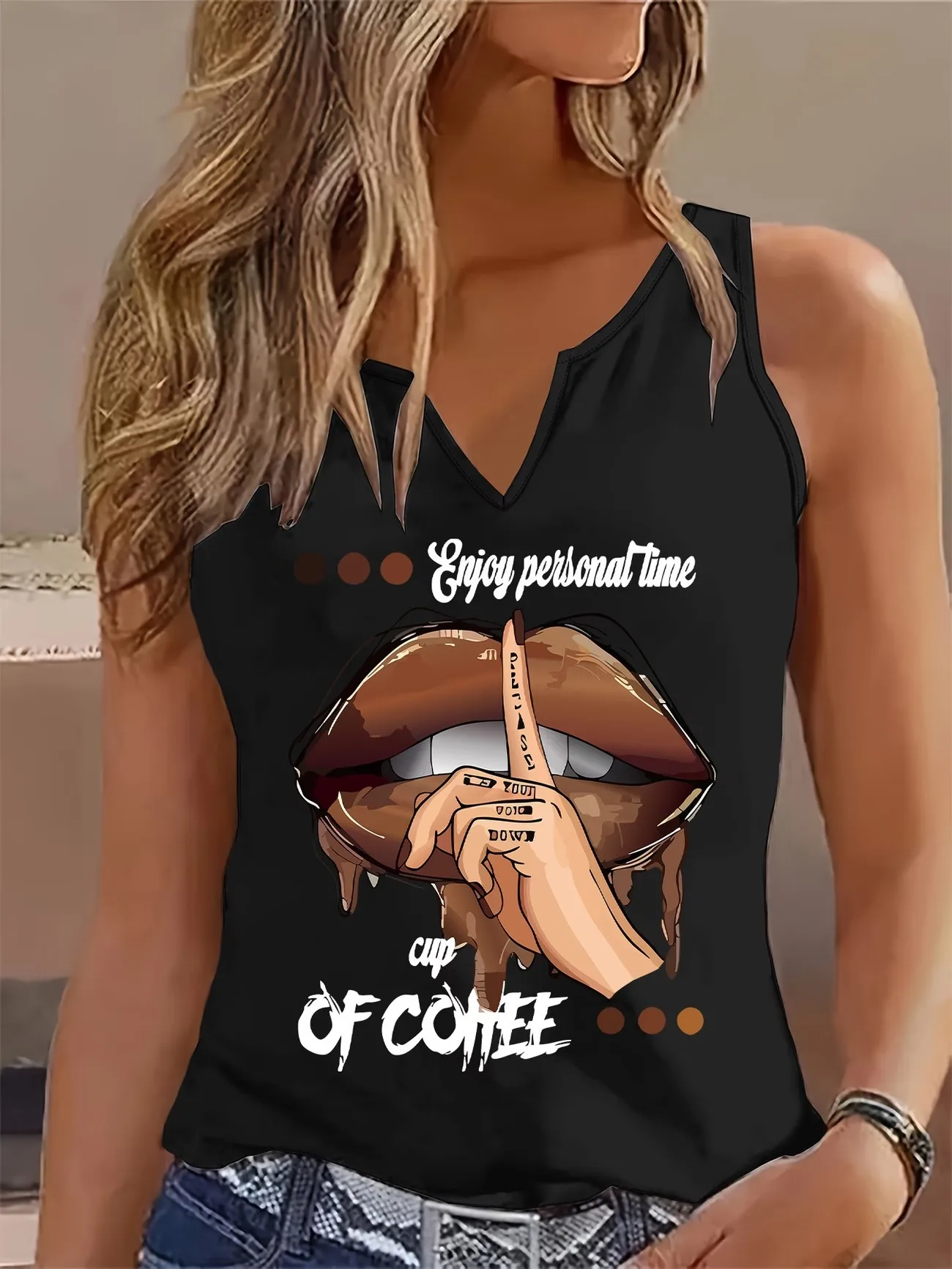 Funny Ulzzang Lips Graphic Sleeveless Tank Top T-shirt V Neck Hip Hop Vest T Shirts Women Tee Shirt V-Neck Gothic Tops