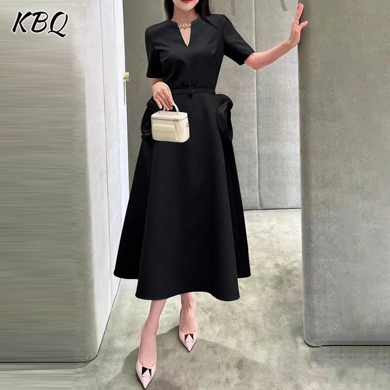 

KBQ Elegant Solid Patchwork Appliques Dresses For Women V Neck Short Sleeve High Waist Spliced Belt Temperament Dress Female New