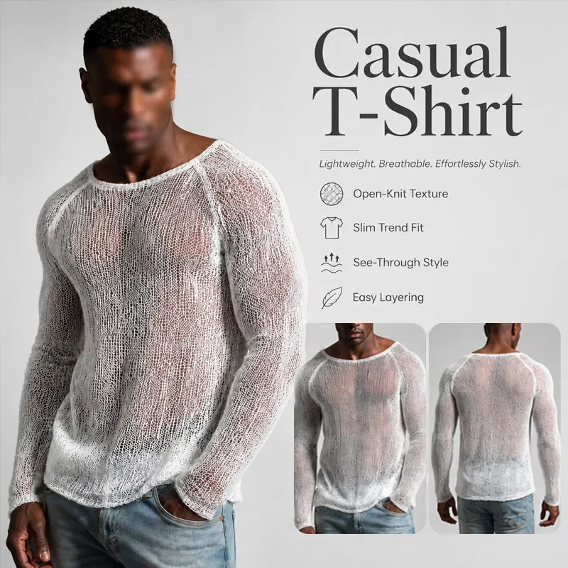 Men Hollow Out Mesh Long Sleeve Shirt O Neck Sheer Pullover Beach Cover Up Top for Summer Holiday Swimwear Casual Wear