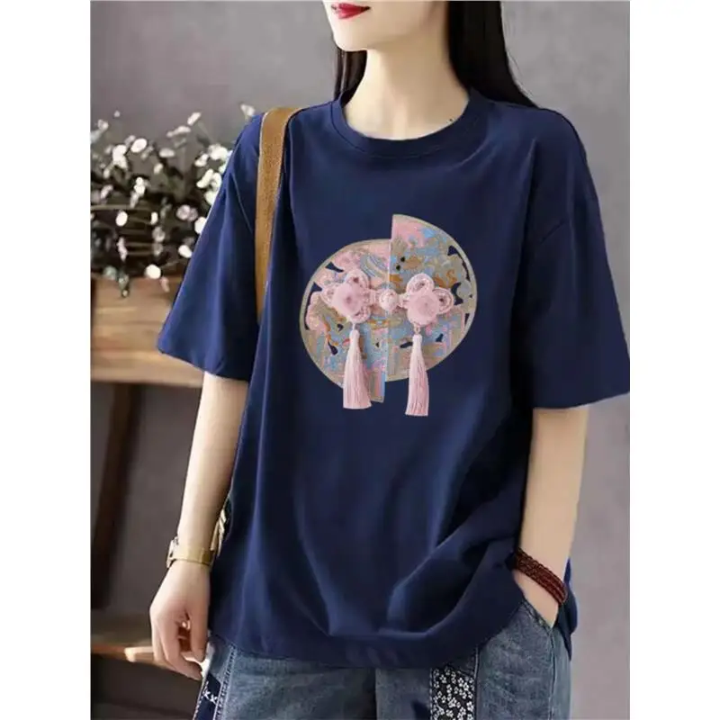 New Chinese Style Base Shirt Short Sleeve Inner Wear Artistic Slimming Top for Middle-Aged And Elderly People Polyester Fiber
