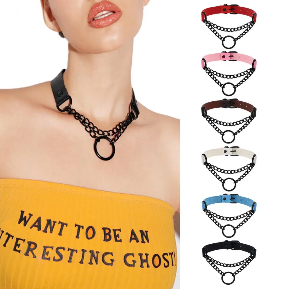 Resizable Choker Necklace Faux Leather Choker Necklace with Adjustable Metal O-ring Punk Emo Chain Collar Jewelry for Women Men