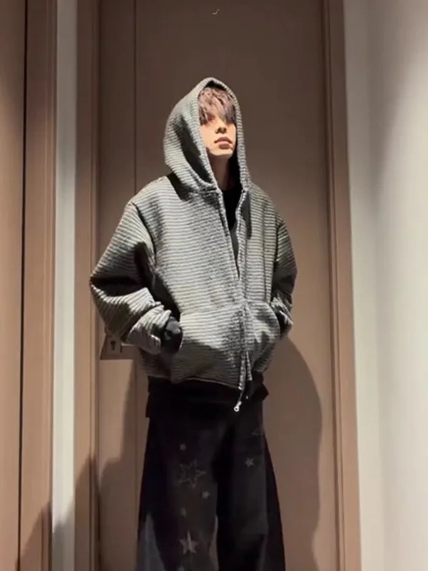 

Американский ретро полосатый бархатный открытый кардиган, толстовка Cleanfit Heavy ape с капюшоном Jaet, осенняя толстовка на молнии для мужчин