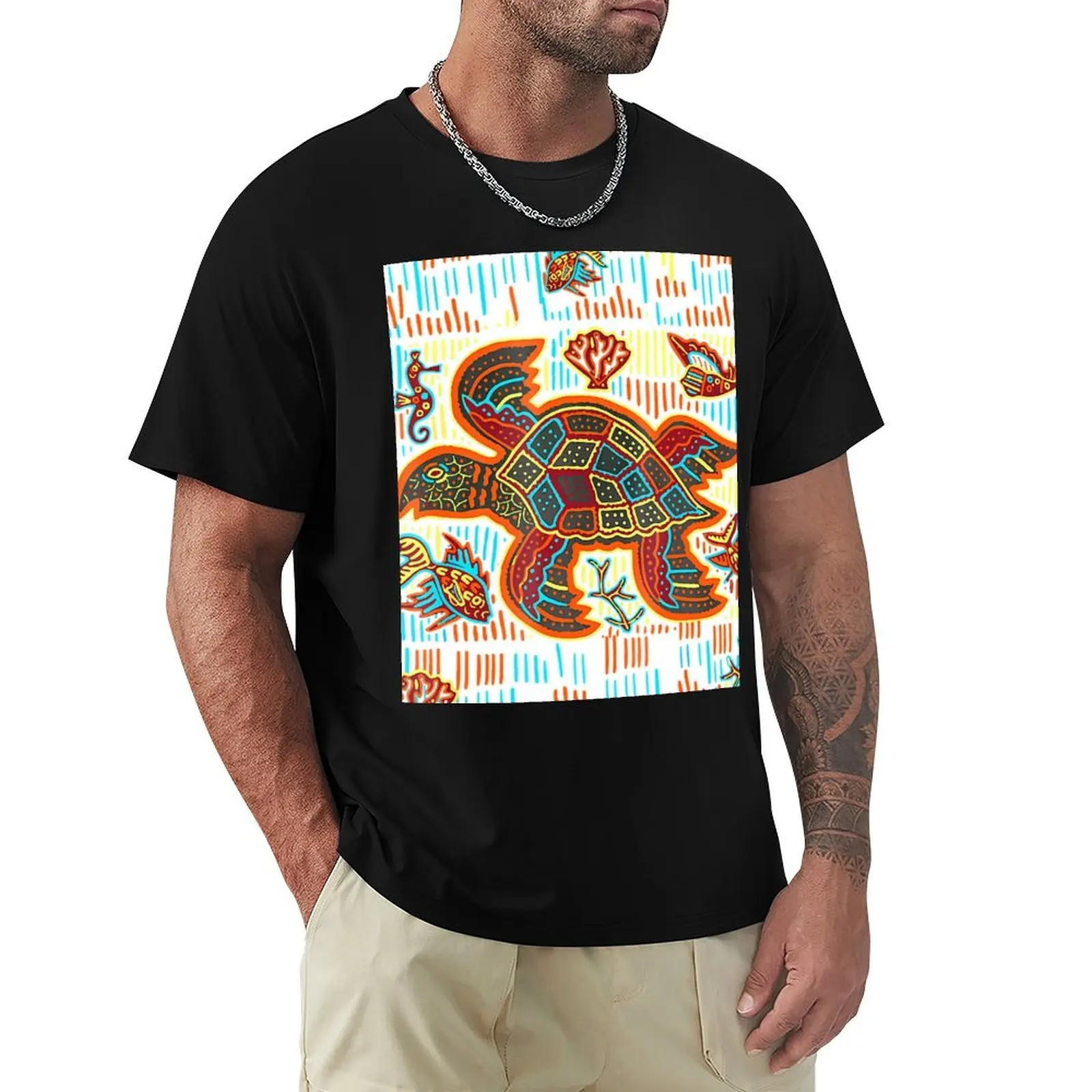 

Funny Sea Turtle By Mola Artwork of Panama Kuna T-Shirt graphic shirts graphic tee shirt oversized t shirt men