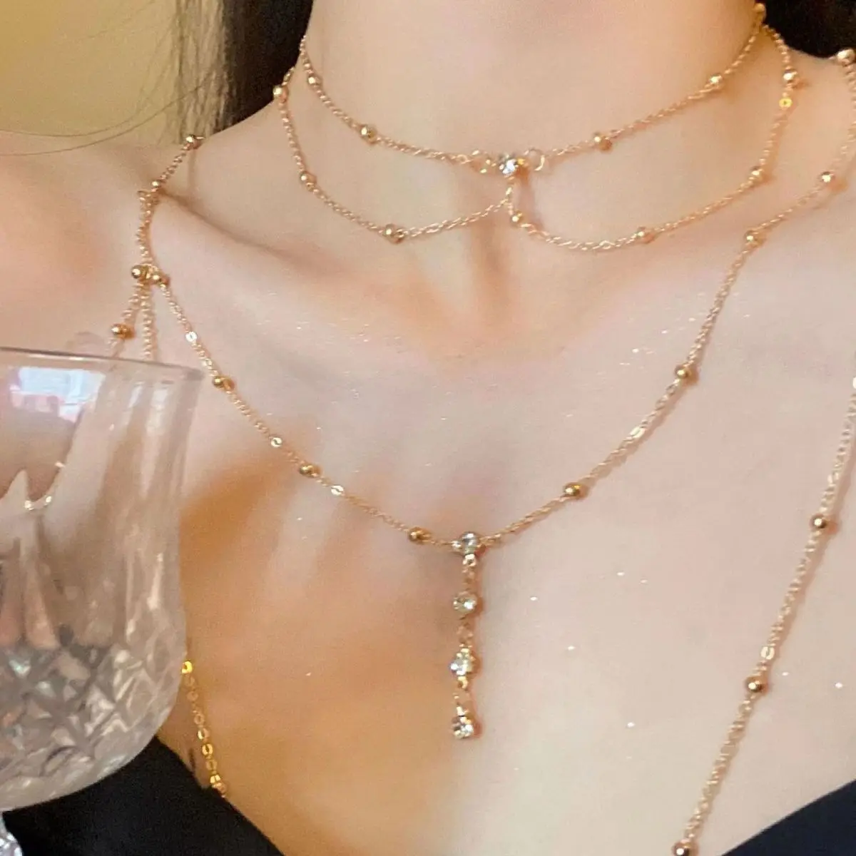 Chest chain jewelry, pure lust style, high-end fashion, versatile, sexy flash diamond pendant, body chain necklace