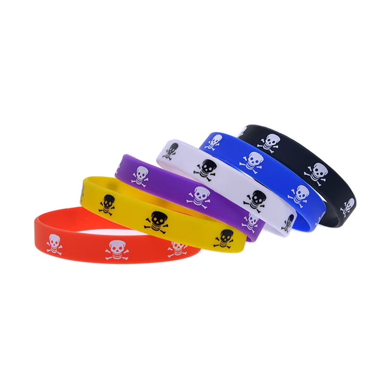 

50 Pcs Printed Skull Logo Silicone Bracelet Hip Hop Style Street Dance Sports Handband 6 Colors