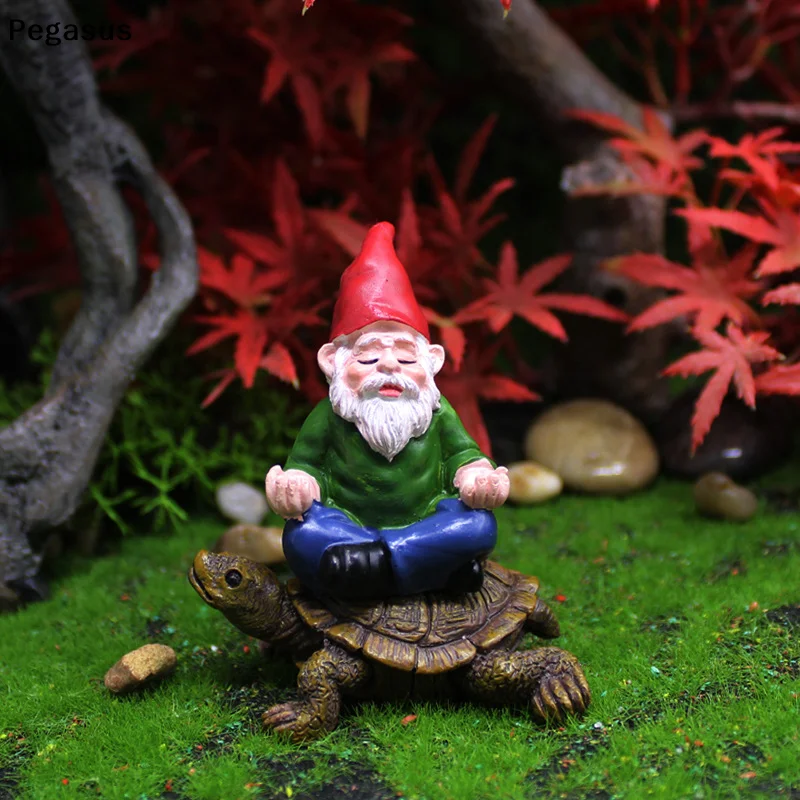 Mini Resin Moss Micro Landscape Decoration Outdoor Fairy Garden Figurine Funny Gnome Sitting On tortoise Statue Dwarf Ornament