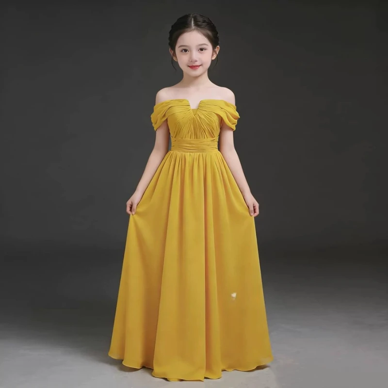 Children Girls Yellow Sleeveless Off Shoulder Evening Dress Vestido Kids Model Piano Host Performance Birthday Violin Costume