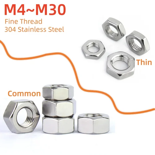 Tuerca hexagonal de rosca fina común/delgada de acero inoxidable 304 M4M5M6M8M10M12M14M16M18M20M22M24M27M30 paso 0,5/0,75/1/1,25/1,5/2mm
