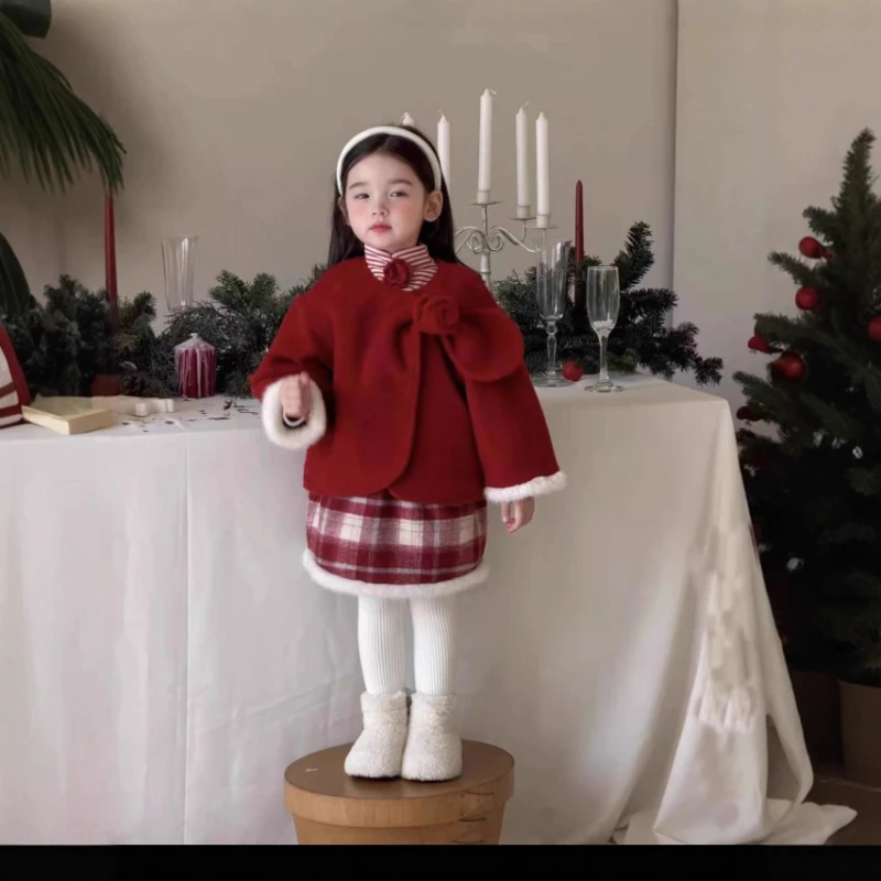 

2025 New Year's New Hot Selling Girls' Elegant Striped Interior and Checkered Woolen Half Skirt and Coat Set