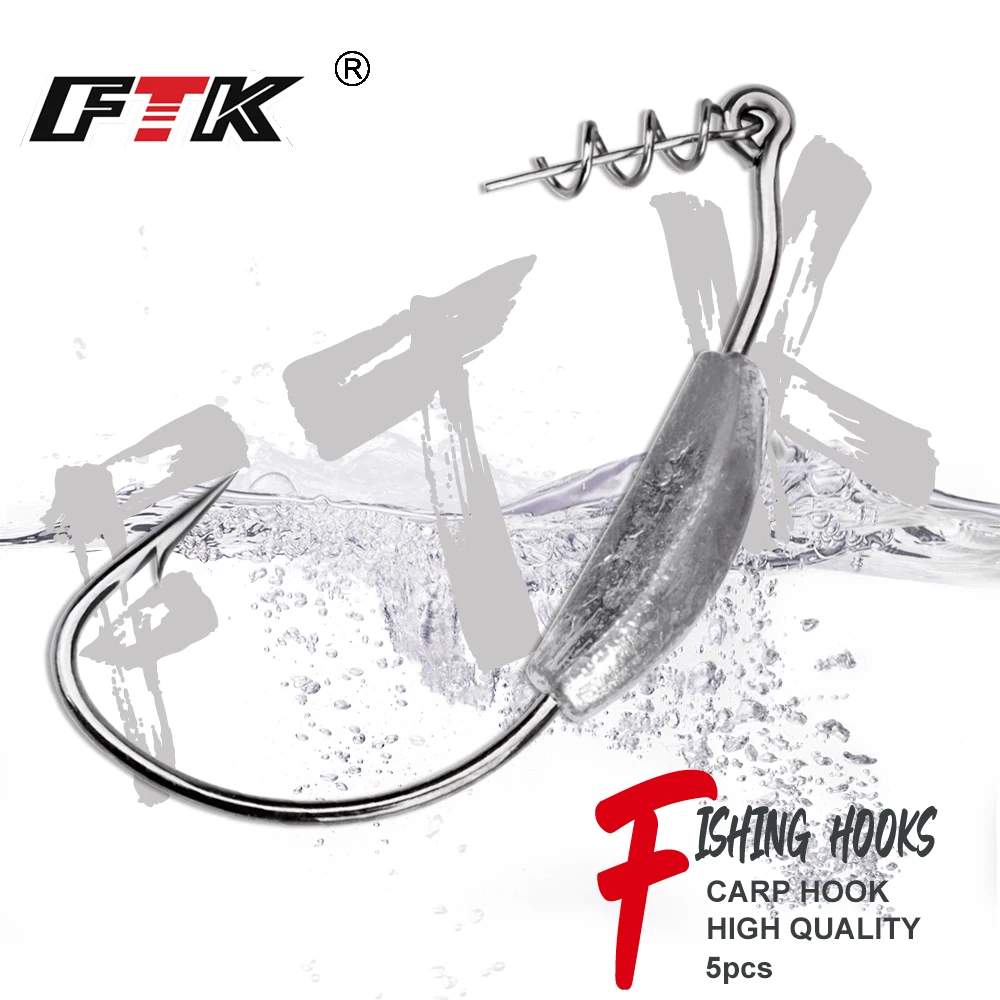 

FTK 5Pcs Offset Fishing Hooks Weighted Crank Hook 2g3g4g5g7g Soft Baits Barbed Hook Jig Worm Hook for Texas Rigs Fishing Tackle