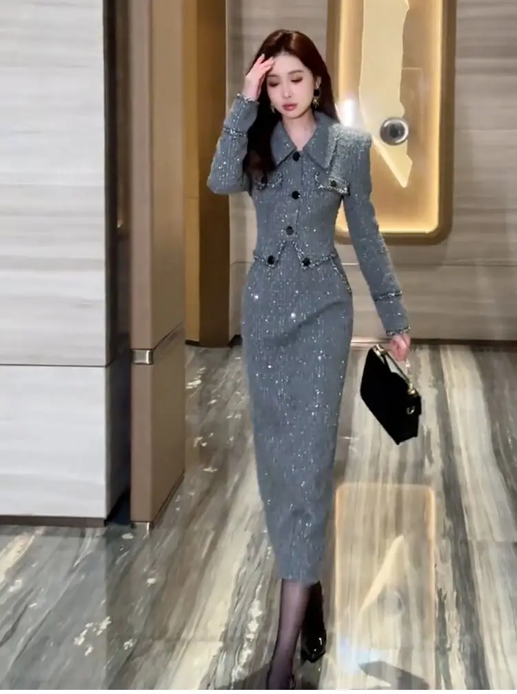 Gonna da pendolare da donna da ufficio di fascia alta in stile francese Set autunno sottile cappotto corto avvolgente gonna aderente all'anca set da due pezzi abiti da donna