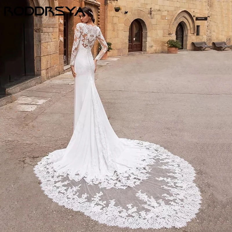 RODDRSYA Sexy V-Neck Lace Mermaid Wedding Dresses For Women Soft Satin Bride Party Fascinating Long Sleeve Vestido Novia Boda