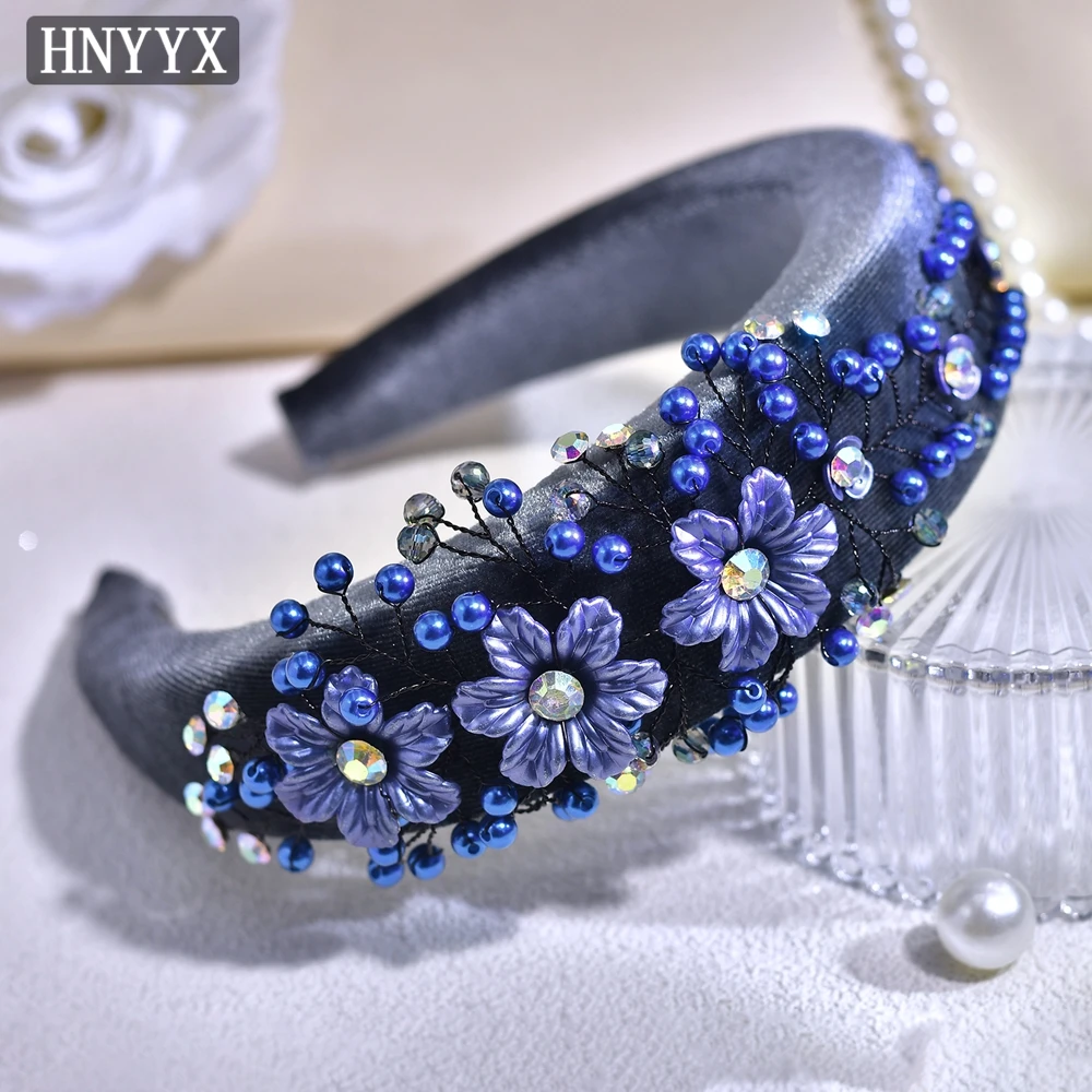 HNYYX Blue Color Pearl Flower Head Hoop Dark Grey Velvet Headband Hair Accessories Bridal Wedding Prom Party Headpiece  A274
