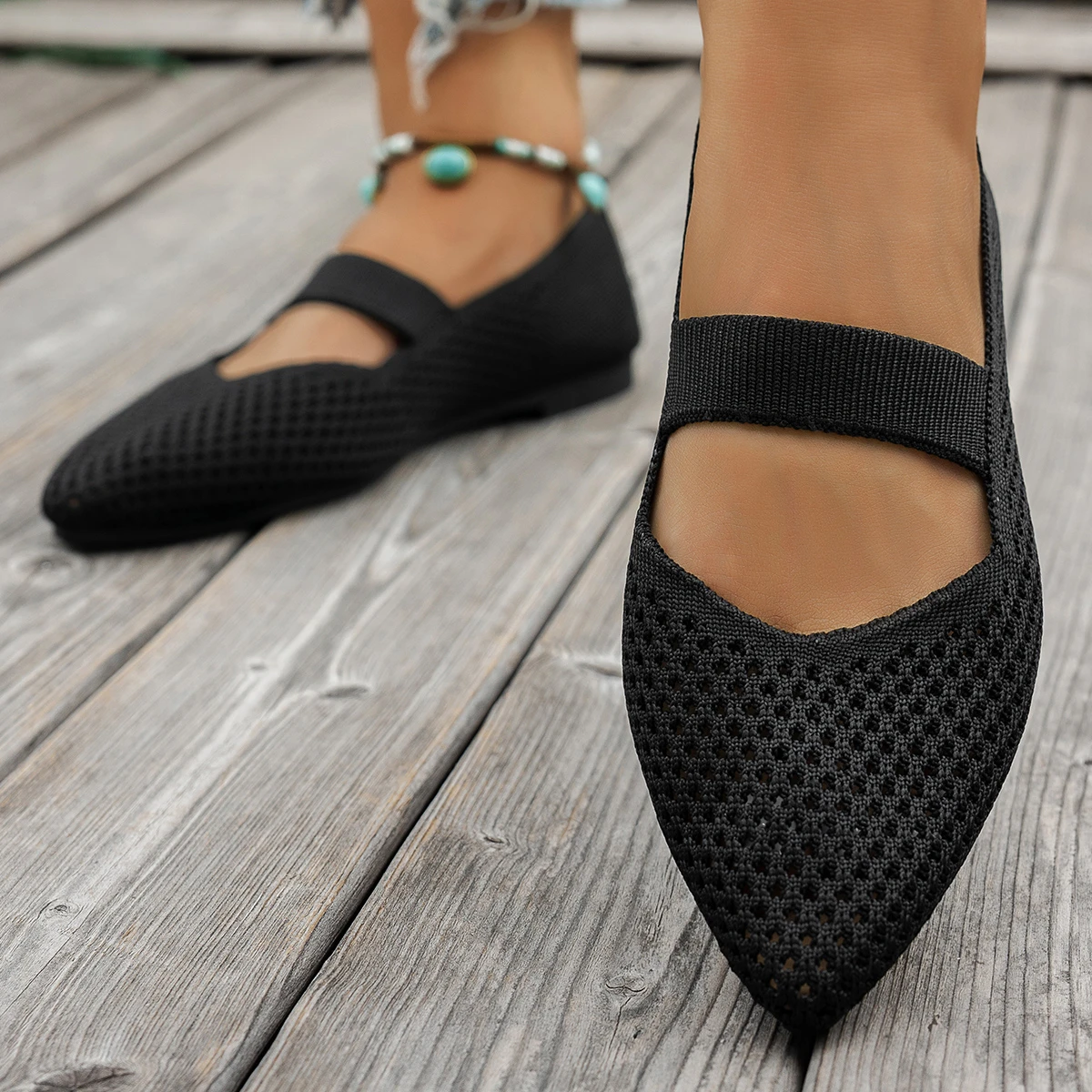 Women's Pointed Solid Color Shallow Mouth Low Cut Women's Single Shoe, Knitted Mesh Breathable Daily Women's Loafers Size 36-43