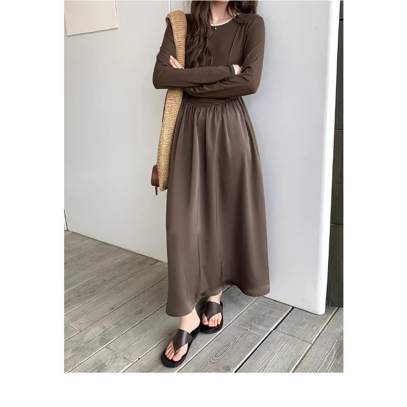 

Knitted Stitching Contrast O Neck Long Dress Women Spring French Long Sleeve Casual Fashion Elegant Basic Bottoming Female Dress