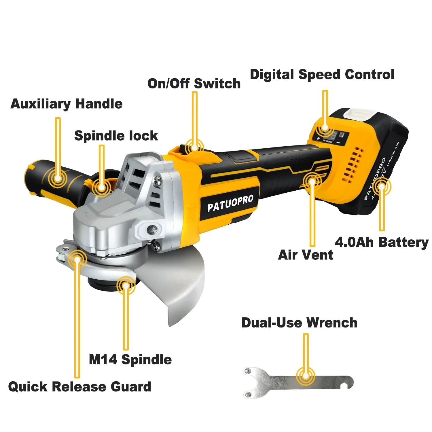 M14 125mm Cordless Brushless Angle Grinder Rechargeable Cutting Machine Speed Adjustable Digital Display fit Makita 18v Battery