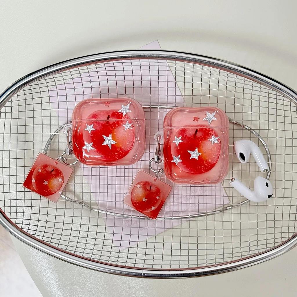 Cute Wavy Edge Pink Gradient Red Apple Glitter Silvery Star Earphones Protect Cover Case for AirPods 1 or 2 4 Pro Pro2 Pro3