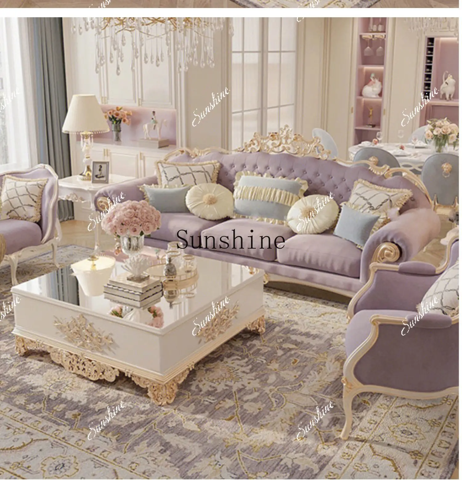 French light luxury solid wood carving fabric sofa combination high-end furniture customization  FT
