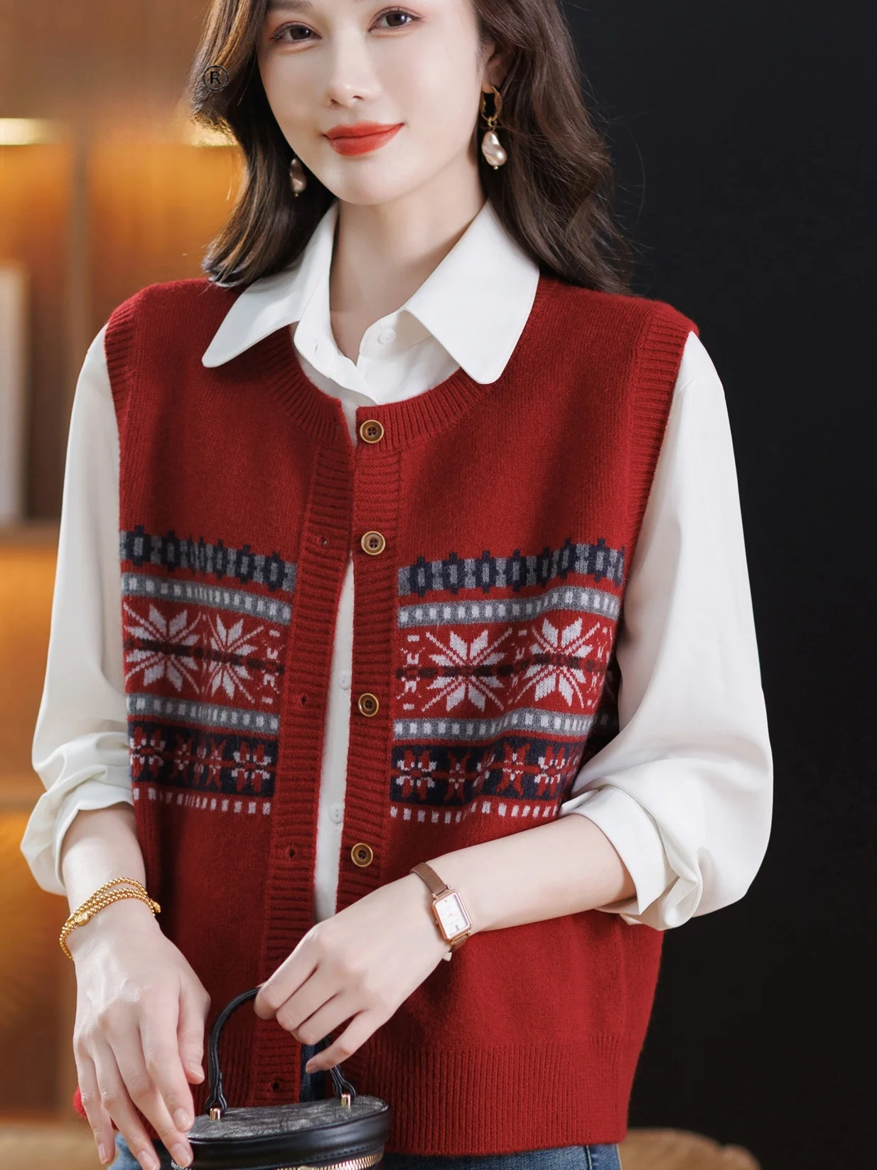 

Spring Faion Knitted Woolen Vest Women's Red round Ne Open Cardigan Loose Top for Middle-Aged And ly Materni Wear