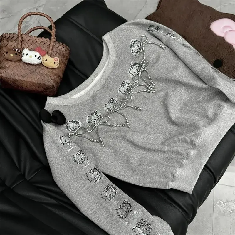 Sanrio Hello Kitty Print Off-shoulder Sweatshirt Y2k Spring Sexy Hot Girls Long Sleeve Shirt Fashion Loose Women's Diamond Top