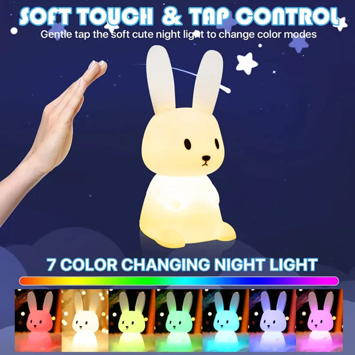 Luz noturna de coelho recarregável USB Kawaii - lâmpada de coelho fofa para meninas, meninos e crianças pequenas - escolha de iluminação encantadora