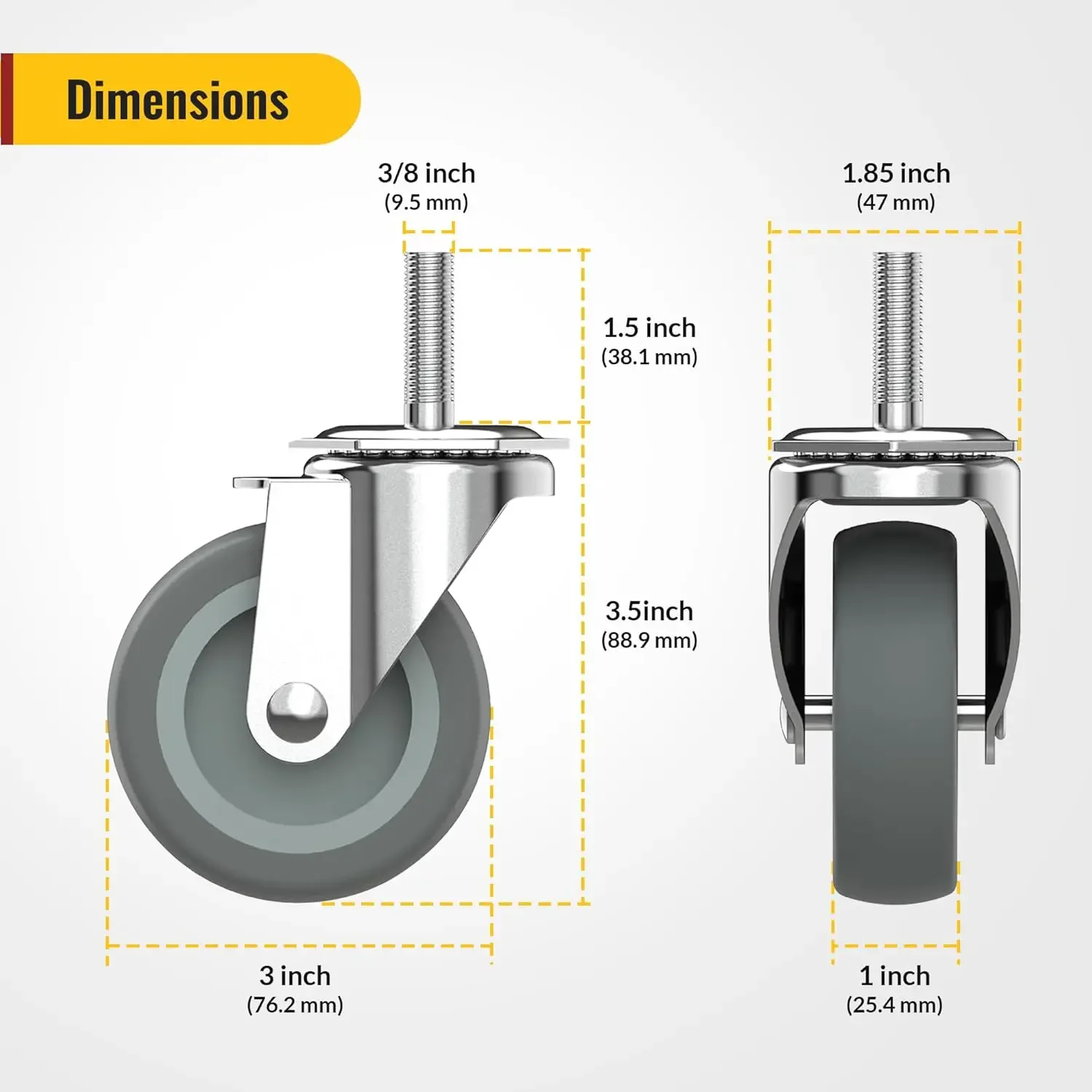3 inch with No Brake Stem Casters,Threaded Swivel Casters Set of 4 Heavy Duty Castors Grey