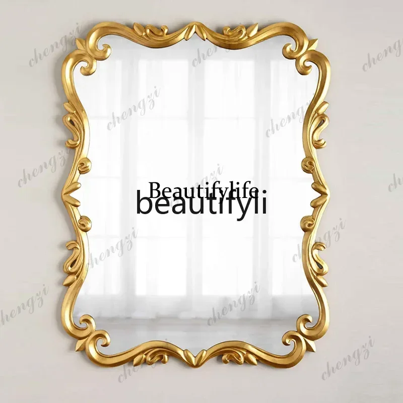 03  French European style old retro gold porch decorative makeup mirror bedroom engraved dressing mirror engraved bathroom