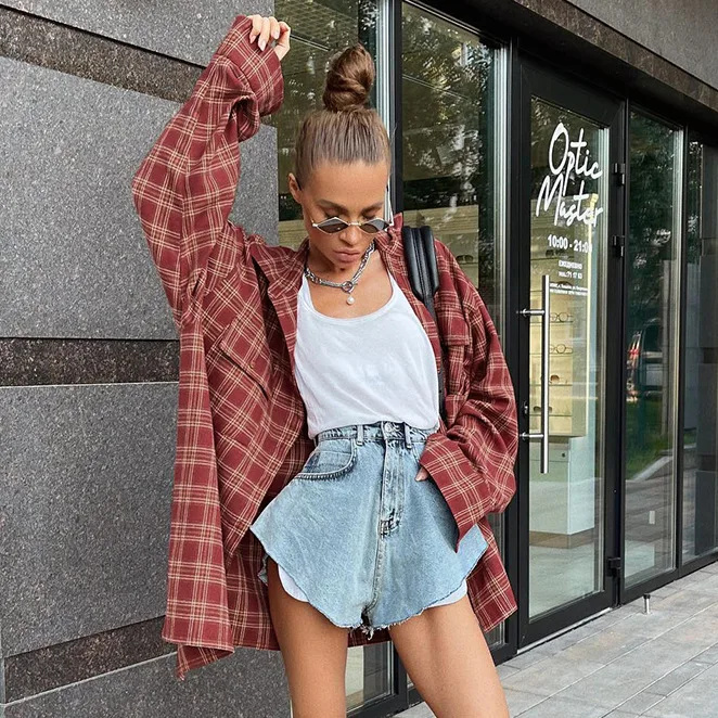 

Autumn Spring Plaid Shirt Women Vintage Oversized Blouse Long Loose Plaid Shirt Long Sleeve Ladies Loose Fit Blouse For Woman