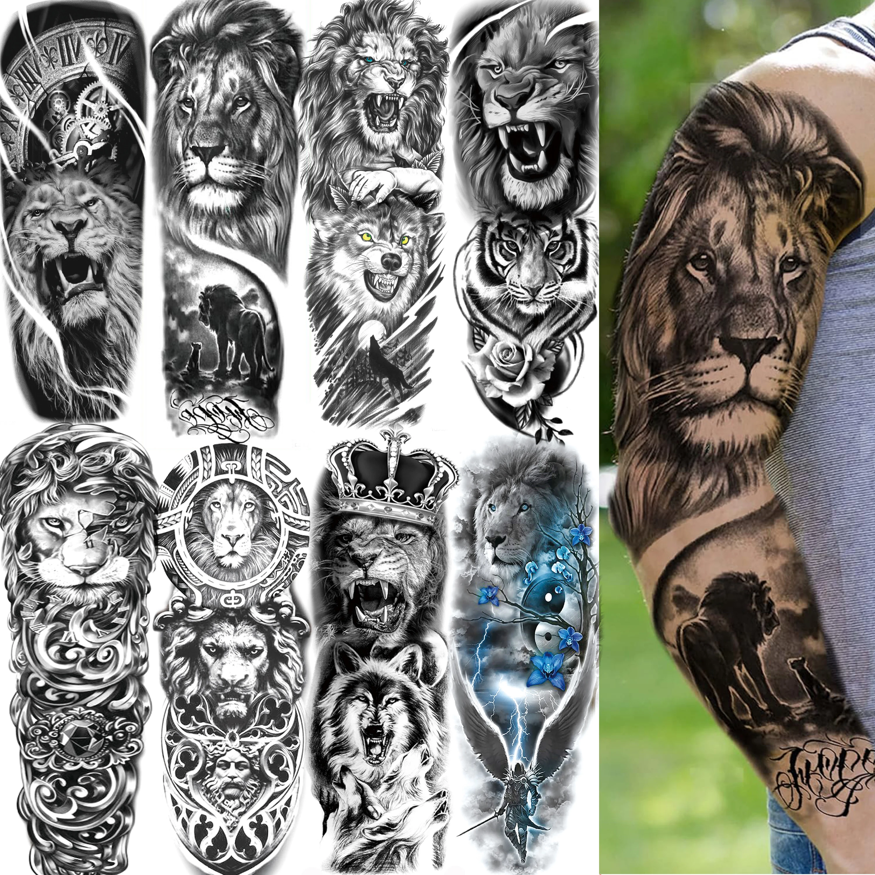 

1 лист Король Лев Временные татуировки на всю руку для мужчин, женщин, взрослых, поддельные животные, тигр, волк, татуировка на рукаве, наклейка, боди-арт, рисунок