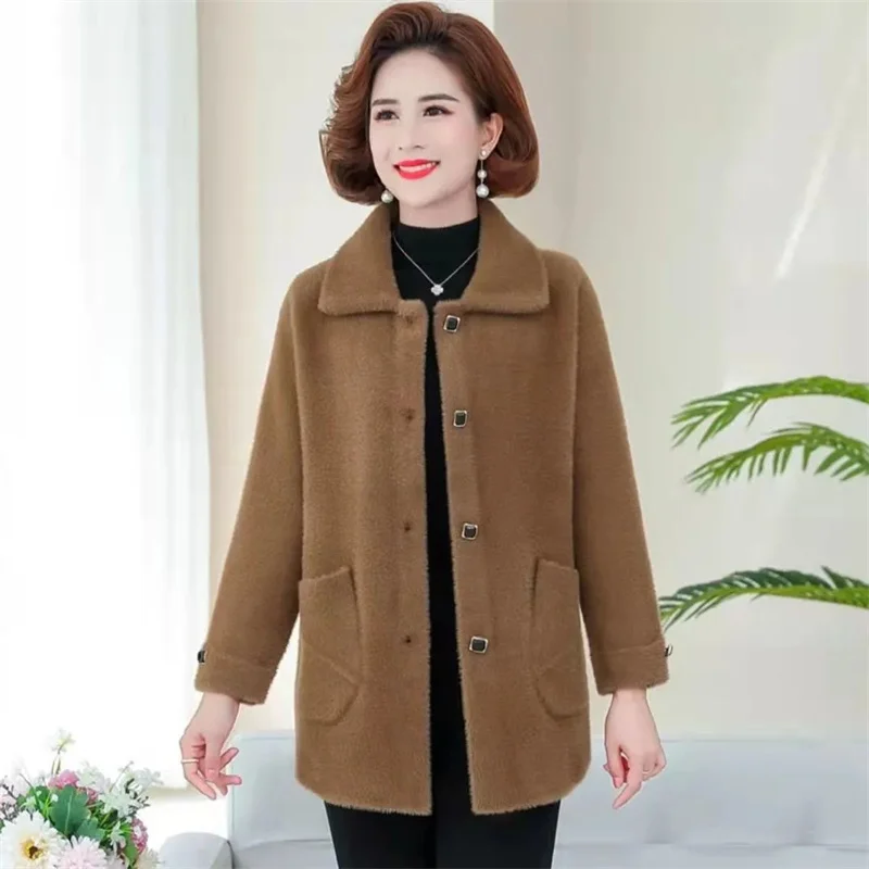 Manteau en velours Imitation vison pour mère âgée d'âge moyen, Cardigan épais et chaud, pull pour femme, veste tricotée douce, automne hiver