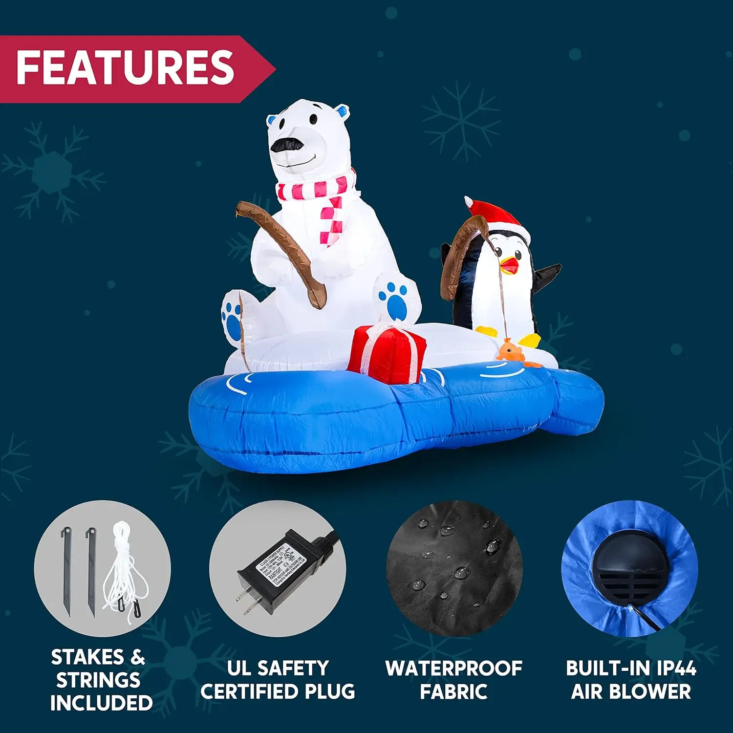 JOYFY 180 cm Długi Świąteczny Nadmuchiwany Niedźwiedź Polarny Wędkujący z Pingwinem Dekoracja Ogrodowa z Wbudowanymi Diodami LED na Boże Narodzenie