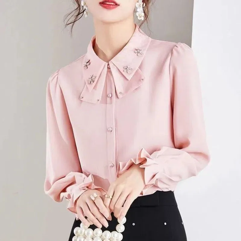 Elegant Solid Color Beading Chiffon Butterfly Sleeve Shirt Women\'s Clothing 2023 Spring New Casual Tops Office Lady Blouse