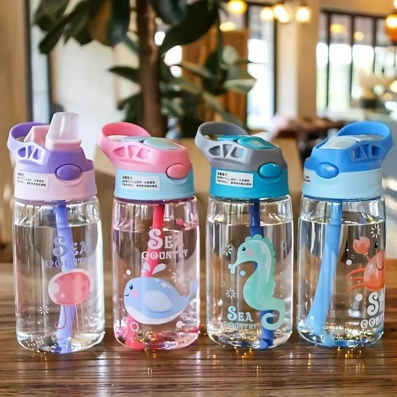 480ML Kids Handheld Portable Cartoon Pattern Water Sippy Cup Feeding Cup with Straws Leakproof Bottle For Outdoor Sports