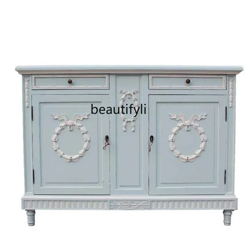 

New Arrivals American solid wood carving flower retro whitening porch cabinet TV cabinet Storage storage side cabinet S03