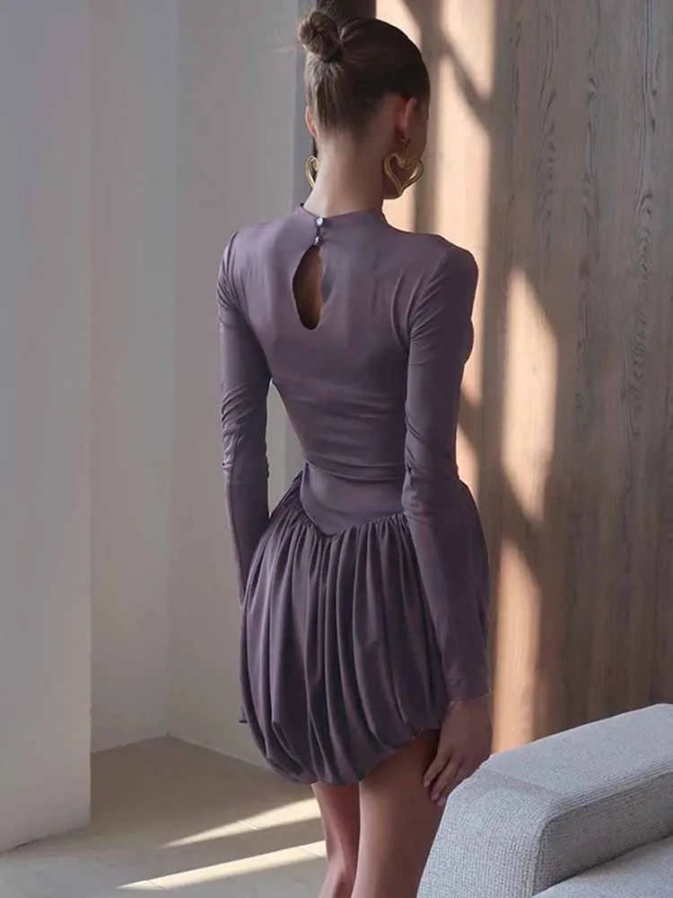 BKQU Autumn Pleated Long Sleeve Mini Dress Women Bodycon O Neck High Waist A-Line Elegant Dress Solid Evening Party Gown 2025