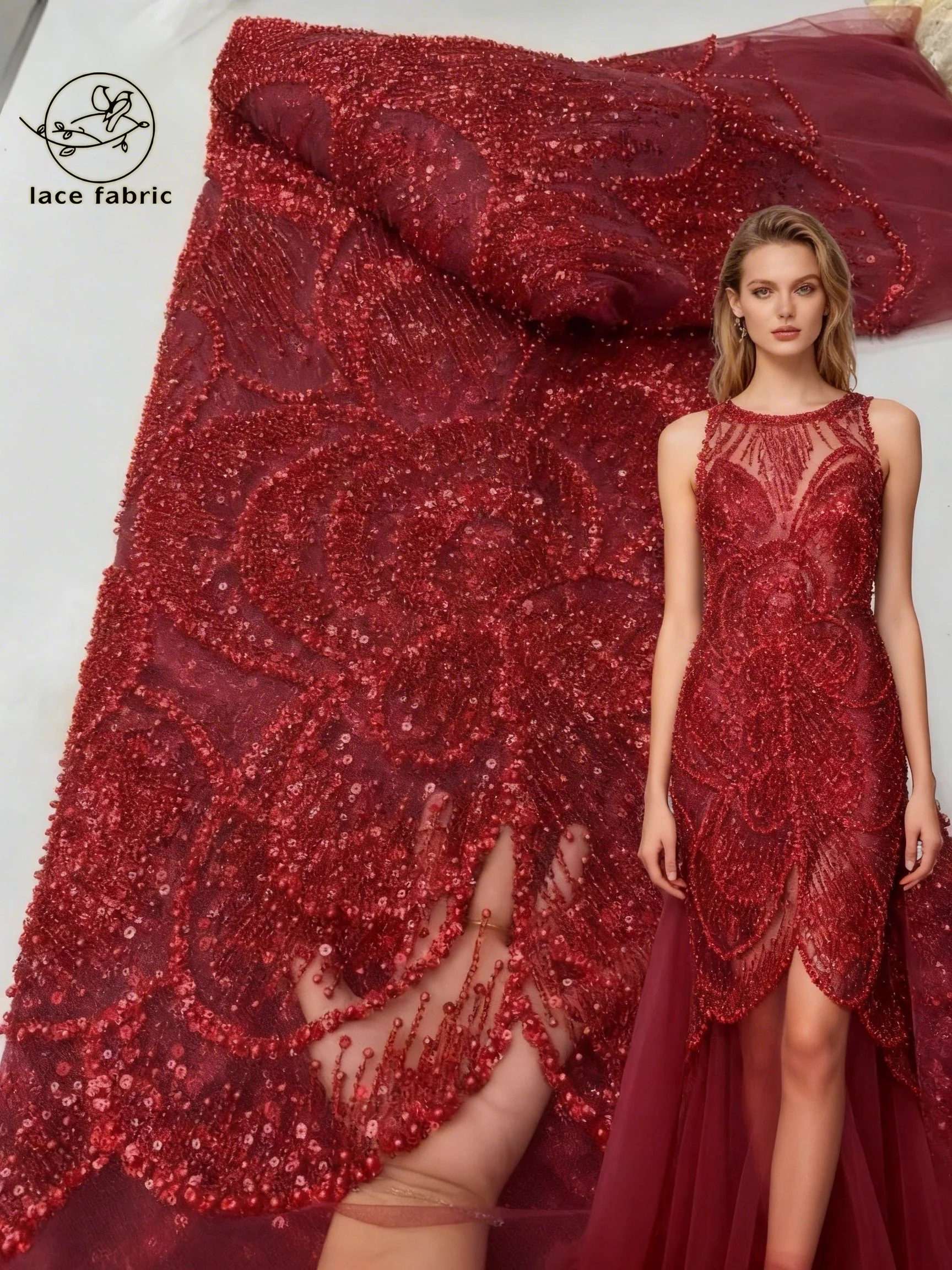 

Red African Heavy Lace Fabric 2026 High Quality Sequins Embroidery Luxury French Beads Fabrics For Wedding Gown Sewing Material